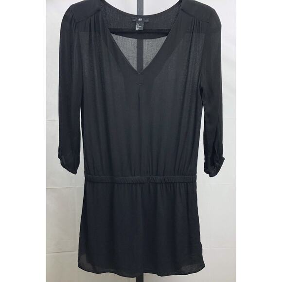 H&M V Neck Tunic Top Women 4 Black Semi-Sheer 3/4 Sleeves Blouse Keyhole Flowy - Picture 1 of 9